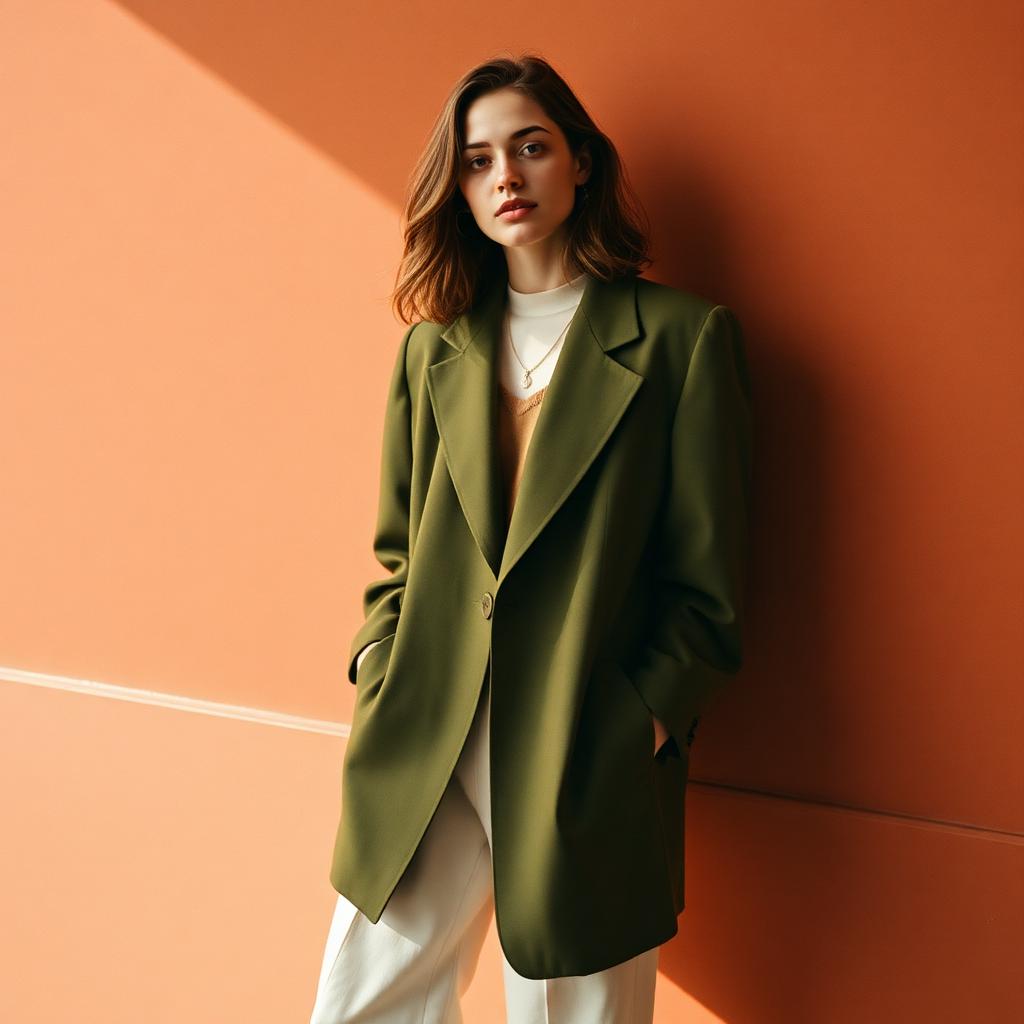 Modelo vestindo blazer verde oliva vintage